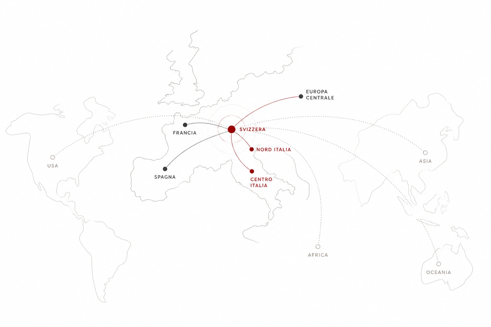 Mappa delle aree operative FoodTripGo con Svizzera, Italia, Francia, Spagna, Europa centrale e rete internazionale