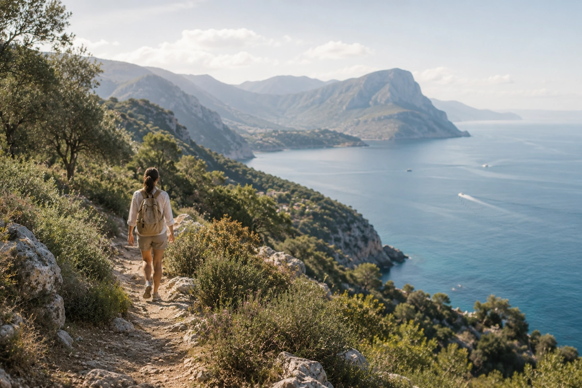 Viaggiatrice su percorso trekking panoramico tra mare, montagne, natura e territorio per esperienze outdoor FoodTripGo