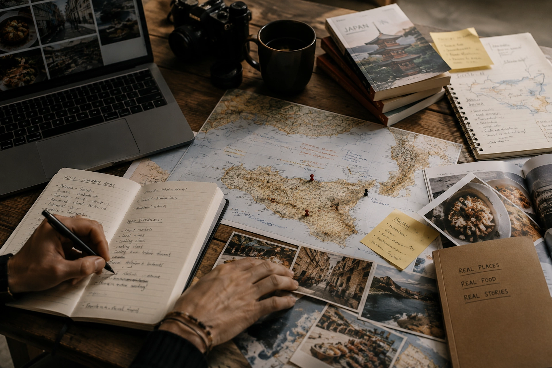 FoodTripGo editorial desk with maps, photographs, travel notes, printed guides and materials used to design authentic experiences